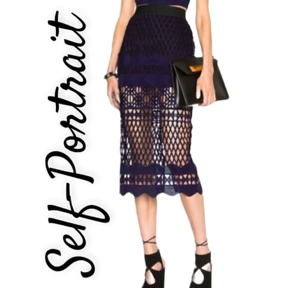 NWT Self-Portrait Cutwork Lace Pencil Skirt in Deep Purple & Black, Size 0 - Picture 1 of 12